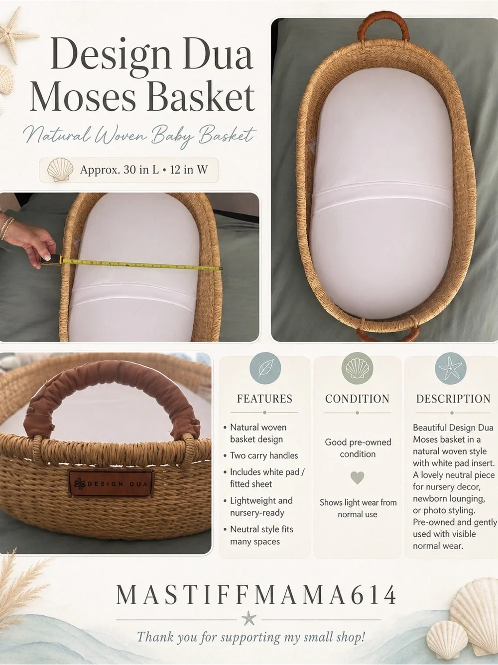 Natural Woven Moses Basket with White Insert